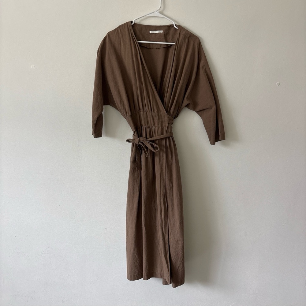 Brown Wrap Midi Dress with Waist Tie